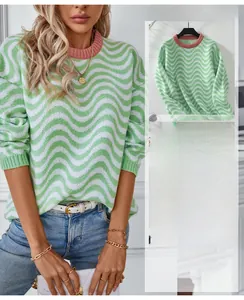 Detail of chevron wave stripe knit sweater showing soft texture and contrast crew neck