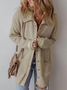 Oatmeal knit cardigan with chunky texture, oversized collar, and wooden buttons for women