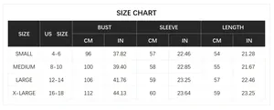 Detailed size chart for V-neck knit sweater showing bust and sleeve measurements in cm and inches