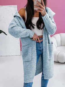 Women's light blue oversized waffle knit long cardigan with hood and front pockets