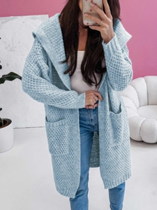 Long light blue hooded knit cardigan with waffle texture and front pockets for women