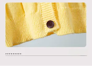 Detailed view of yellow knit cardigan with ribbed texture and dark brown round button