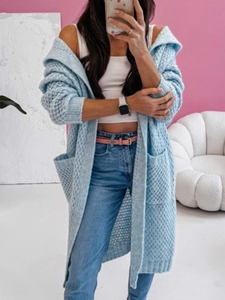 Women's loose light blue long hooded knit cardigan with textured waffle pattern and side pockets