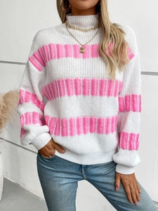 Women's pink and white striped mock neck knit sweater in a loose oversized fit