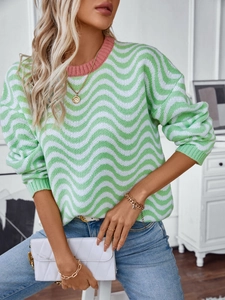 Women's green and white chevron striped knit sweater with pink contrast crew neck collar