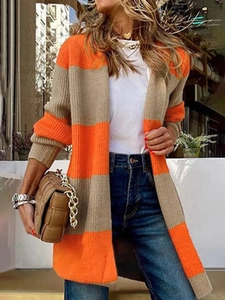 Women's orange and khaki striped knit cardigan with long sleeves in a mid-length fit