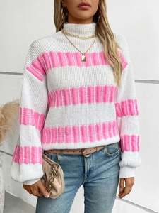 Women's striped knit sweater with mock neck and long sleeves in white and pink