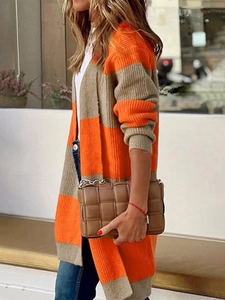 Women's color block striped knit cardigan in orange and khaki for fall casual wear