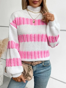 Women's striped knit sweater with mock neck and puff sleeves in pink and white
