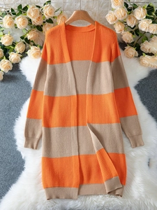 Color-block striped knit cardigan for women with long sleeves and ribbed texture design