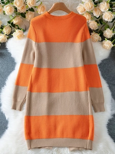 Women's autumn striped knit cardigan dress in orange and beige with round neck