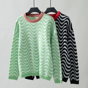 Close-up of chevron wave pattern knitwear with contrasting ribbed crew neck details