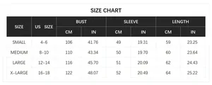 Tableau des tailles pour cardigan femme avec mesures en pouces et centimètres