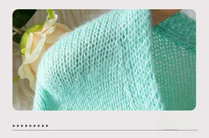 Close-up of mint green knitted sweater fabric showing soft texture and crochet patterns