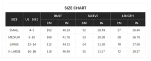 Size chart for women's knit cardigan showing bust and sleeve measurements in cm and inches