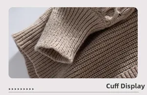 Close-up of ribbed cuffs on a chunky knit beige cardigan with premium wool texture