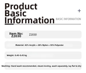 Detail view of knitwear specs showing Z2030 model acrylic nylon and polyester fabric blend