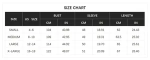 Detailed size chart for women's heart knit sweater showing bust and length in cm and inches
