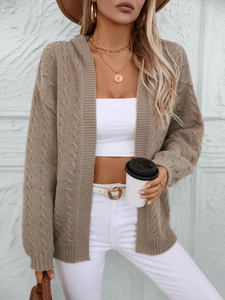 Gilet Femme Vintage Ample à Capuche Tricot Torsadé Cardigan Décontracté Manches Longues Couleur Unie Veste Chaude