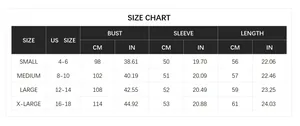 Detailed size chart for striped cardigan with measurements in inches and centimeters