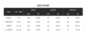 Women's knit cardigan size guide including US size, bust, sleeve, and length in cm and inches