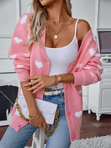 Cardigan en Maille de Poil de Lapin pour Femmes Motif Cœur Doux Col en V Boutonnage Simple Manche Longue Pull Automne Hiver