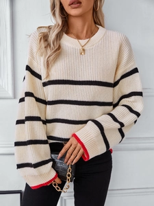 Maglione in Maglia a Righe a Contrasto da Donna Albicocca Manica Lunga Girocollo Casual Ampio Pullover in Pelo di Coniglio