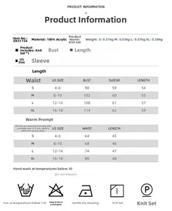 Tableau des tailles détaillé pour ensemble en maille incluant gilet et jupe