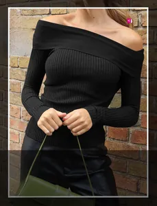 Detail of black off-the-shoulder sweater with ribbed knit texture and slim fit design