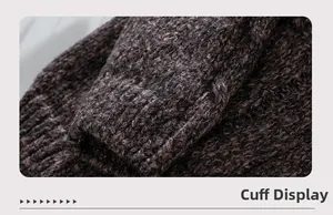 Detail of ribbed cuff on a thick knit cardigan in heathered purple and brown color