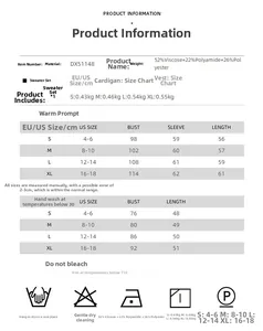 Detailed size chart for women knit cardigan and tank top set with fabric specifications
