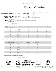 Detailed size guide and material specs for the elegant knitted two-piece sweater set