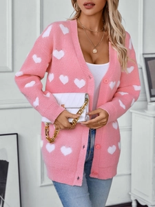 Gilet en maille rose avec motifs cœurs blancs et boutons col en V, style élégant