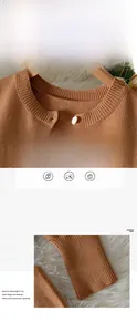 Detail of camel knit cardigan showing ribbed cuffs and elegant white button closure