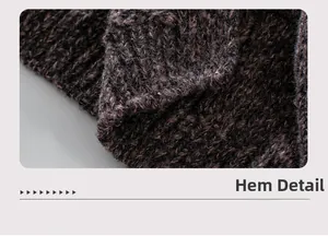 Detail shot of the chunky knit hem on a dark brown long-sleeve cardigan sweater