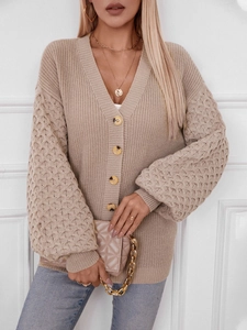 Women's vintage khaki chunky knit cardigan with puff sleeves and textured floral patterns