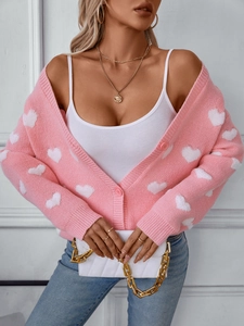 Gilet rose brodé de cœurs avec col en V et texture en maille épaisse pour femme