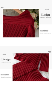 Detail of red ribbed knit sweater set showing texture on a wooden hanger with faux fur