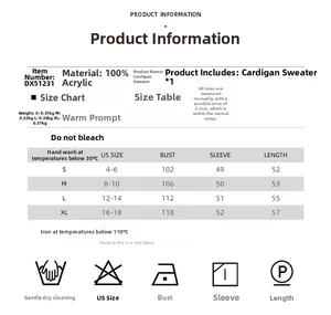 Size chart and care guide for women colorblock knit cardigan 100 percent acrylic fabric
