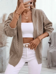 Gilet à capuche en maille torsadée marron pour femme avec coupe ample vintage et manches longues