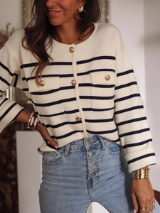 French style striped knit cardigan with gold buttons and round neck in cream white and navy