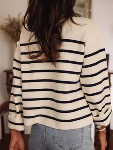 French style navy and cream striped knit cardigan sweater with drop shoulder back view