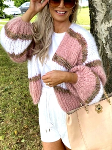 Elegant pink and white striped knit cardigan with lantern sleeves and textured mohair finish