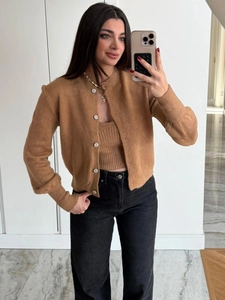 Elegant camel knit two-piece set featuring a button cardigan and matching vest for women