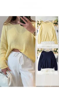 Dettaglio del maglione a girocollo in giallo e blu scuro con trama morbida e leggera