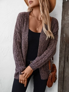 Women's vintage purple cable knit open cardigan with long sleeves and pockets