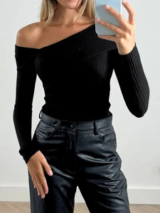 Women's chic black off-shoulder knitted sweater with slim fit long sleeves and ribbed texture