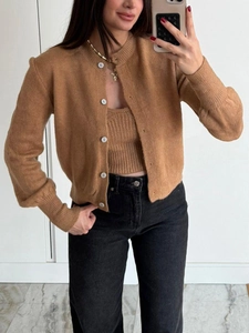 Elegant camel knit two-piece set featuring button-up cardigan and matching tank top