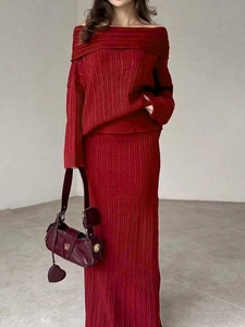 Detailed close-up of dark red ribbed knit texture on off-shoulder sweater and maxi skirt