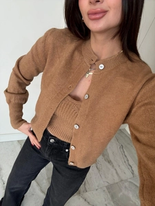 Elegant brown knit two-piece set featuring a buttoned cardigan and matching vest top